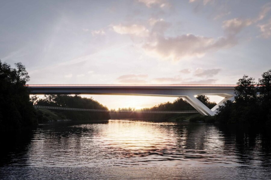 Highway Bridge and parallel Pedestrian Bridge over Krka river, Slovenia ...